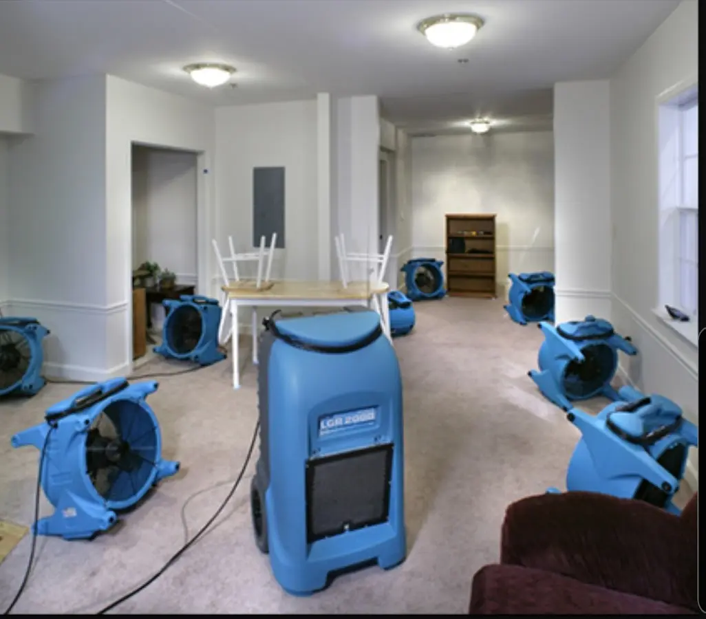 Air movers and dehumidifier setup for Water Extraction & Removal in Adams